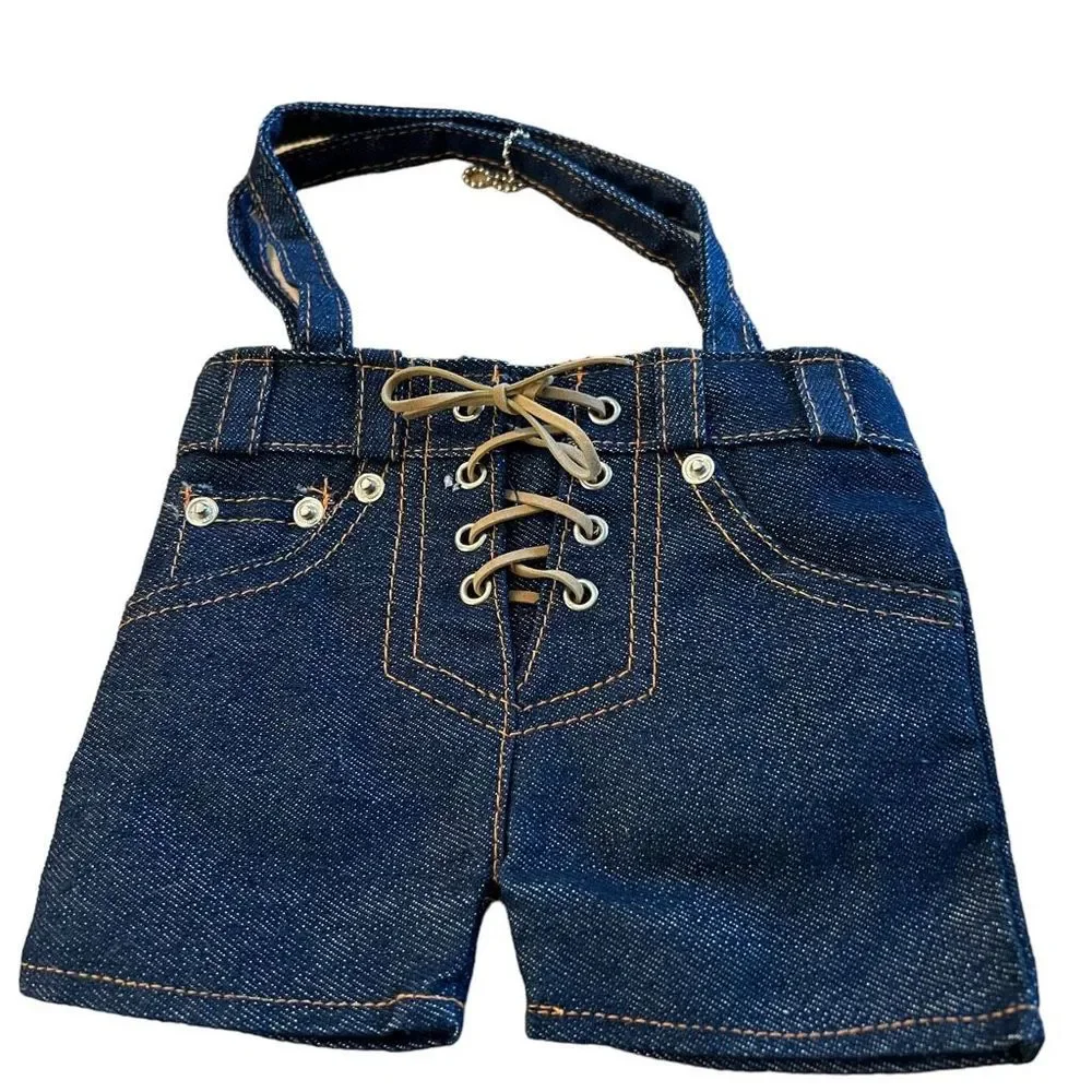 Small Blue Jean Purse Handbag Zipper Closure‎ Faux Lace Up Look Clutch Size Bag